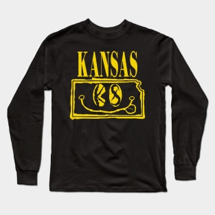 Kansas Grunge Smiling Face Black Background Long Sleeve T-Shirt